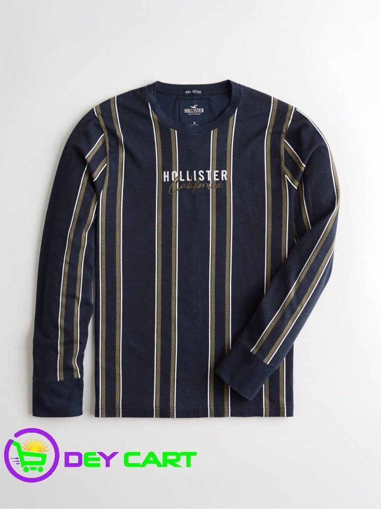 Hollister Stripe Logo Long Sleeve Graphic Tee Navy/Multi